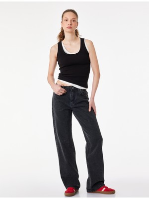 Koton Düz Paça Normal Bel Taş Detaylı Pamuklu Denim Pantolon - Straight Fit Jean