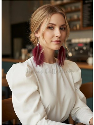 Jivva's Collection Boho Serisi Koleksyonu. Deri Püskül ve Dikdötgen Sallantılı Detaylı Boho Küpe. El Yapımı Özel