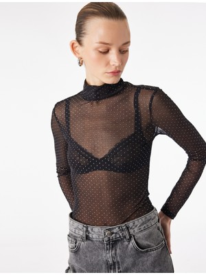 Koton Transparan Uzun Kollu Dik Yaka Tül Taşlı Bluz