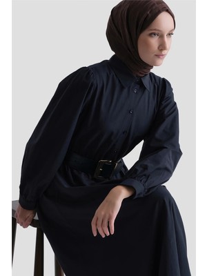 Armine Beli Lastikli Poplin Elbise Lacivert
