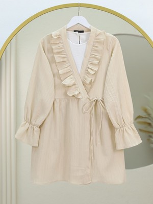 Modamorfo Önü Fırfırlı Bağlamalı Krinkıl Kimono -Bej