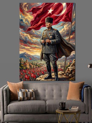 Artmeg Cephede Türk Bayraklı Atatürk Portresi Dekoratif Kanvas - Mdf Ahşap Tablo