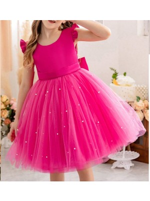 NSM Life Kız Çocuk Incili Fırfır Kol Elbise Mezuniyet Doğum Günü Özel Gün Abiye Elbise