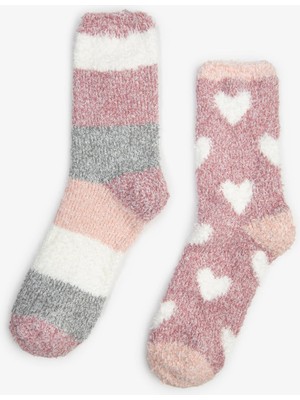 Bolero Kadın 2'li Kışlık Ev Çorabı Kalpli Çizgili Pembe