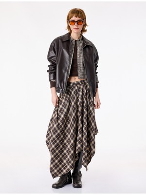 Koton Normal Bel Asimetrik Kesim Ekoseli Midi Etek