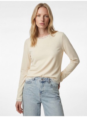 Koton Uzun Kollu Yuvarlak Yaka Dantel Detaylı Triko Kazak