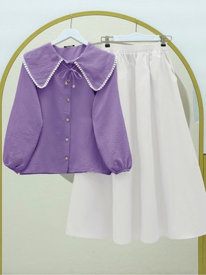Moda Morfo Bebe Yaka Dantelli Kolu Lastikli Gömlek -Lila