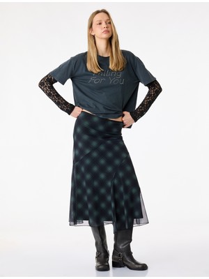 Koton Asimetrik Kesim Ekoseli Midi Tül Etek