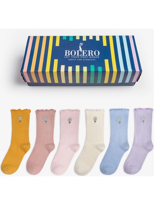 Bolero Kadın Papatya Nakışlı Fırfırlı Çok Renkli Çorap 6'lı Set Yumuşak Pamuklu Konfor