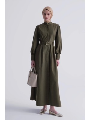 Armine Gold Düğmeli Kemerli Poplin Elbise Haki