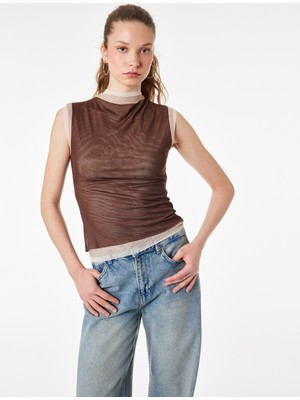 Koton Slim Fit Dik Yaka Kolsuz Tül Bluz