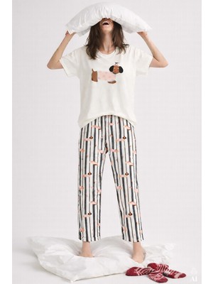 Koza İç Giyim Kadın Pamuklu Renkli Köpek Baskılı Örme Pijama Takımı