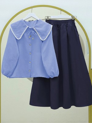 Modamorfo Bebe Yaka Dantelli Kolu Lastikli Gömlek -Mavi