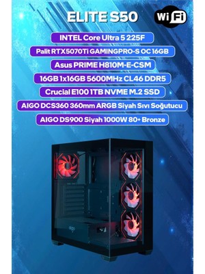 Game Garaj Elite S50 Intel Ultra 5 225F 16GB Ram 1tb SSD RTX5070TI 360MM Sıvı Soğt Freedos Oyuncu Oem Paket