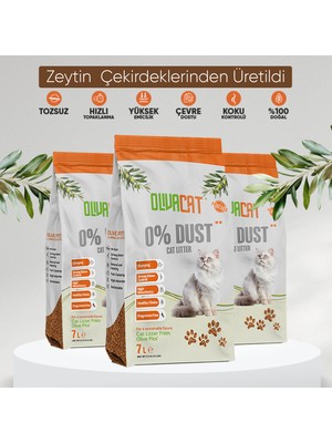 Olivacat Zeytin Çekirdeğinden Üretilen Doğal Tozsuz Kedi Kumu 3 Adet (21 LT)