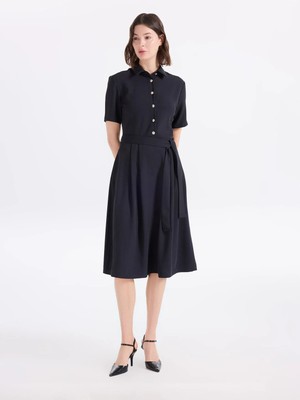 Fabrika Gömlek Yaka Düz Lacivert Maksi Kadın Elbise F6SL-ELB0364