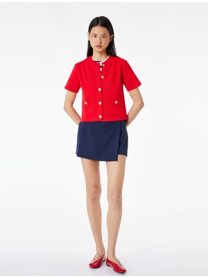 Koton Düğmeli Cepli Kısa Kollu Bisiklet Yaka Triko Hırka