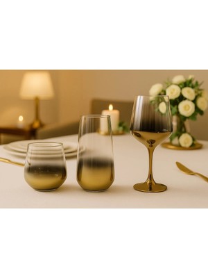 Alfafe Home 18 Parça Titanyum Gold Degrade Cam Bardak Seti – Su, Meşrubat ve Şarap Kadehi – Lüks Sofra Takımı
