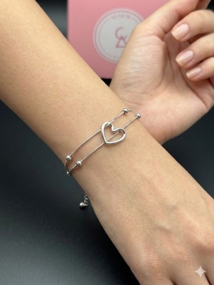 Alsem Gümüş Kaplama Italyan Model Minimalist Kalp Detaylı Çift Zincir Bileklik  , Saat Kombin Bilekliği