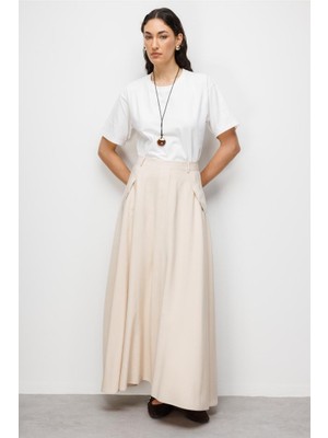 Mizalle Geniş Volanlı Cepli Bej Rengi Evaze Maksi Etek