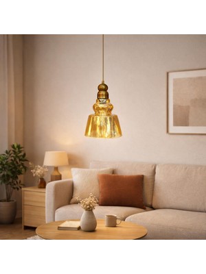 Mars Concept Amber Cam Vintage Sarkıt Avize Gold Metal Gövde – Dekoratif Modern Tavan Aydınlatması