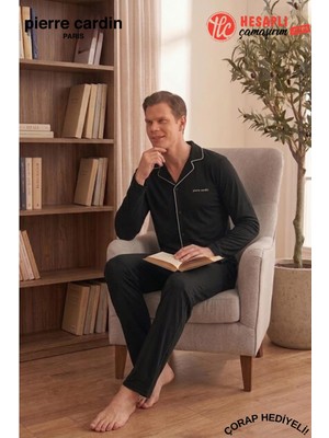 Pierre Cardin Premium Erkek %100 Pamuklu Klasik Yaka Rahat Kalıp Düğmeli Uzun Kollu Kutulu Çeyizlik Pijama Takım