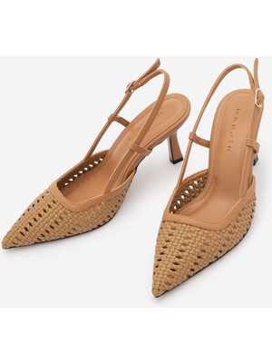Marjin Kadın Stiletto Sivri Burun Arkası Açık El Örgüsü Topuklu  Klasik Ayakkabı Reveno Taba
