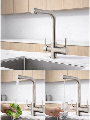 FUALORA Arıtmalı Mutfak Bataryası 3 Çıkışlı Mat Gümüş Pirinç Musluk