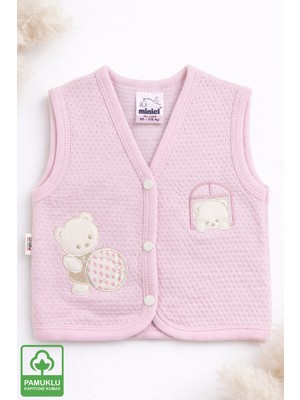 Miniel Unisex Bebek Yoplu Ayıcık Nakışlı Organik Pamuklu 3-6-9 Ay Kapitone Bebek Yelek