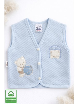 Miniel Unisex Bebek Yoplu Ayıcık Nakışlı Organik Pamuklu 3-6-9 Ay Kapitone Bebek Yelek