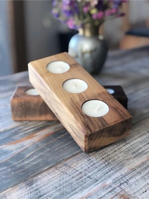 Dekoratif Ahşap 3’lü Mumluk | Rustik Mum Standı | El Yapımı Masa ve Ev Dekoru
