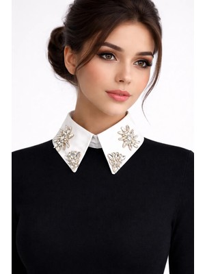 Uretti - Sümeyya 2589 3867 El Yapımı Taş Işlemeli Beyaz Seyyar Yaka - Kristal Choker Kolye