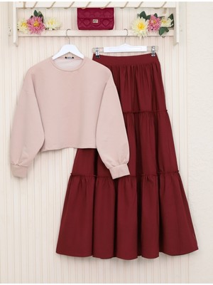 Modamorfo Parçalı Beli Lastikli Etek -Bordo