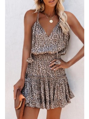 V Yaka Eteği Fırfırlı Süprem Elbise - Leopar