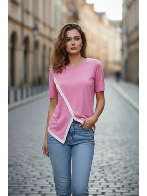Mossta Yuvarlak Yaka Asimetrik Kesim Viskon Bluz - Pembe