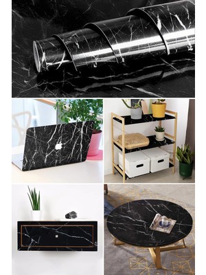 Soillium 5 Metre x 60 cm Siyah Mermer Desenli Mutfak Tezgah Masa Dolap Yanmaz Su Geçirmez Yapışkanlı Folyo Sticker