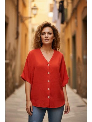 Mossta Önü Düğmeli Rahat Kalıp V Yaka Aerobin  Bluz - Turuncu