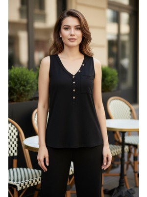Mossta Düğme Detaylı V Yaka Kolsuz Viskon Bluz - Siyah