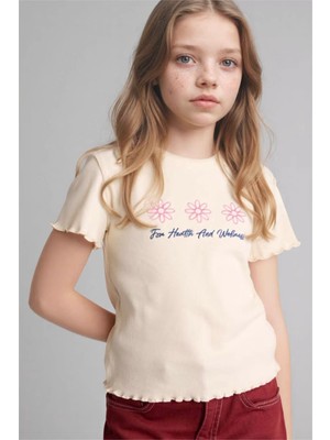 Defacto Slım Fıt Desenli Fitilli Kaşkorse Ekru Kız Çocuk T-Shirt B6689A8/ER98