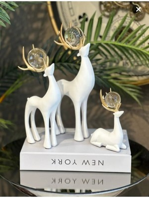 Alfafe Home Dekoratif Beyaz Geyik Biblo 3’lü Set Gold Boynuzlu Kristal Toplu Ev Aksesuarı