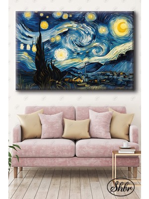 Şehber Tekli Yatay Dekoratif Kanvas Tablo Salon Yatak Odası Kafe Ofis Vincent Van Gogh Yıldızlı Gece