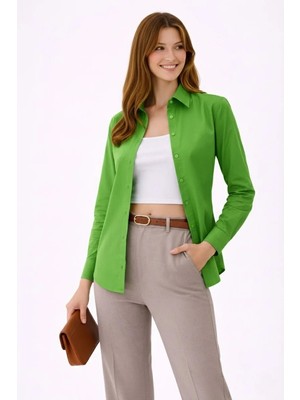 Mevese Garsia Yeşil Kadın Uzun Kollu Gömlek - Düğmeli Klasik Yaka Ofis Şıklığı