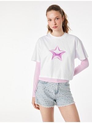 Koton Pamuklu Kısa Kollu Bisiklet Yaka Yıldız Baskılı Crop Tişört