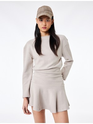 Koton Rahat Kalıp Büzgülü Uzun Kollu Bisiklet Yaka Volanlı Mini Elbise