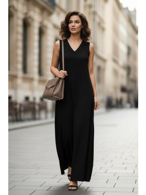 Mossta Basic Tasarım Kolsuz Uzun Elbise - Siyah