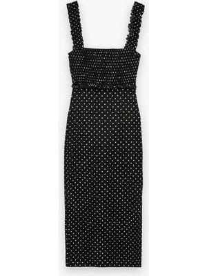 Koton Kare Yaka Slim Fit Kalın Askılı Gipeli Midi Puantiyeli Elbise