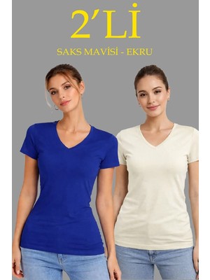 Mevese Kadın 2'li V Yaka Tişört – Kısa Kollu Yazlık Slim Fit Body - Saks Mavisi  Ekru