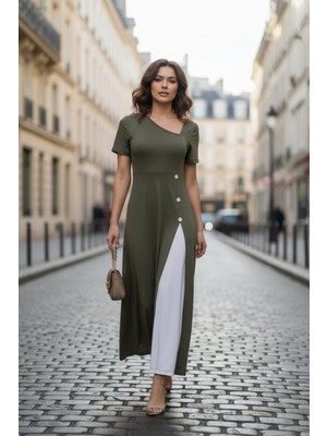 Mossta Asimetrik Yaka Düğme Detaylı Midi  Viskon Elbise - Yeşil