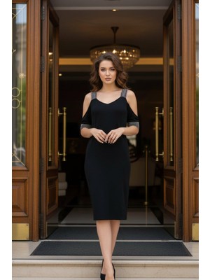 Mossta V Yaka Omuz Dekolteli Viskon Elbise - Siyah