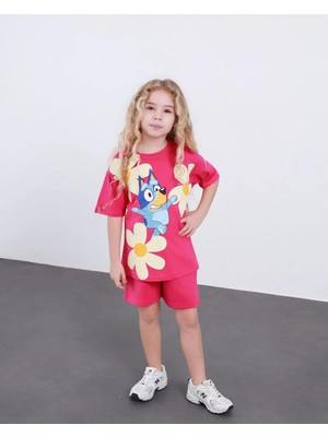 The Littles Kids Kız Çocuk Çiçekli Bluey Baskılı %100 Pamuklu Kumaş Beli Lastikli Cepli Bağcıklı Pembe Renk Şortlu Alt Üst İkili Takım